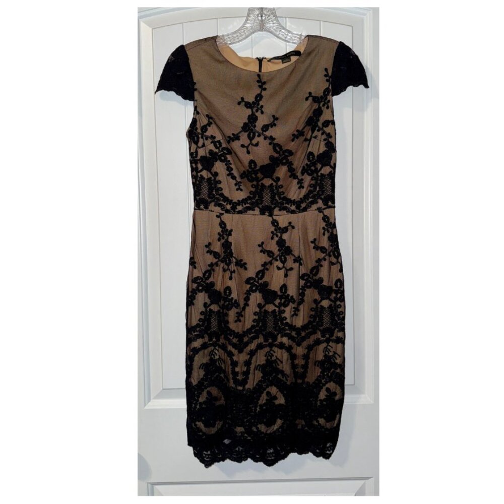 Cynthia Steffe Black Lace Sheath Dress Nude Lining Illusion Fitted - Size 0